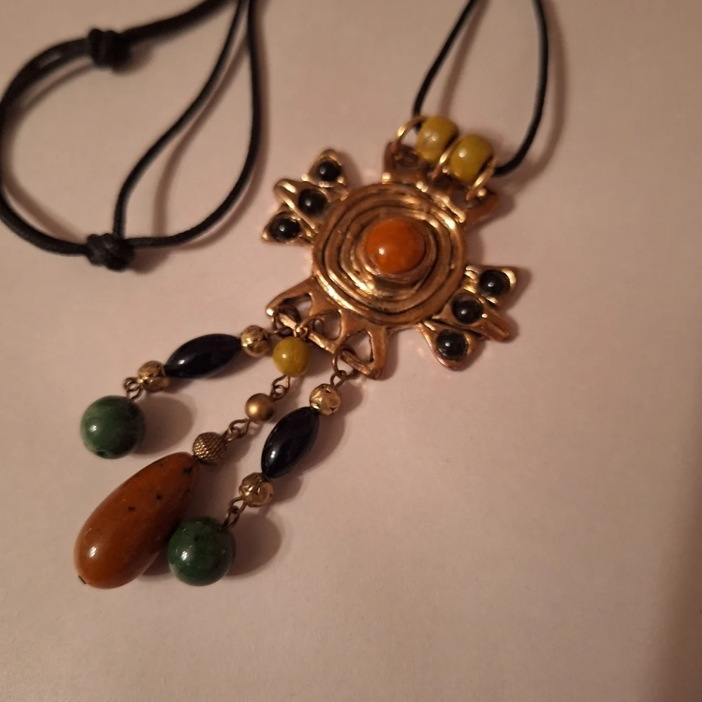Beaded Amulet Pendant Dangle Tassel Necklace Black Corded Bohemian Must Have